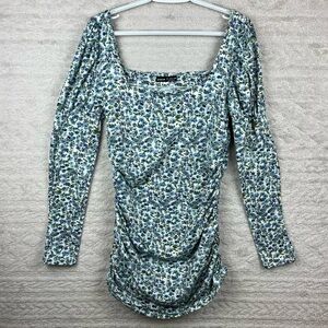 Cottagecore Floral Ruched Top Ditzy Print Puff Sleeve Large Square Neckline